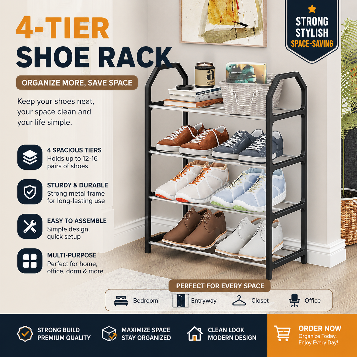 4-Layer Space-Saving Shoe Rack | Portable Dustproof Shoe Organizer With Cover | Closet & Home Shoe Stand | Plastic + Metal Body - Random Colour