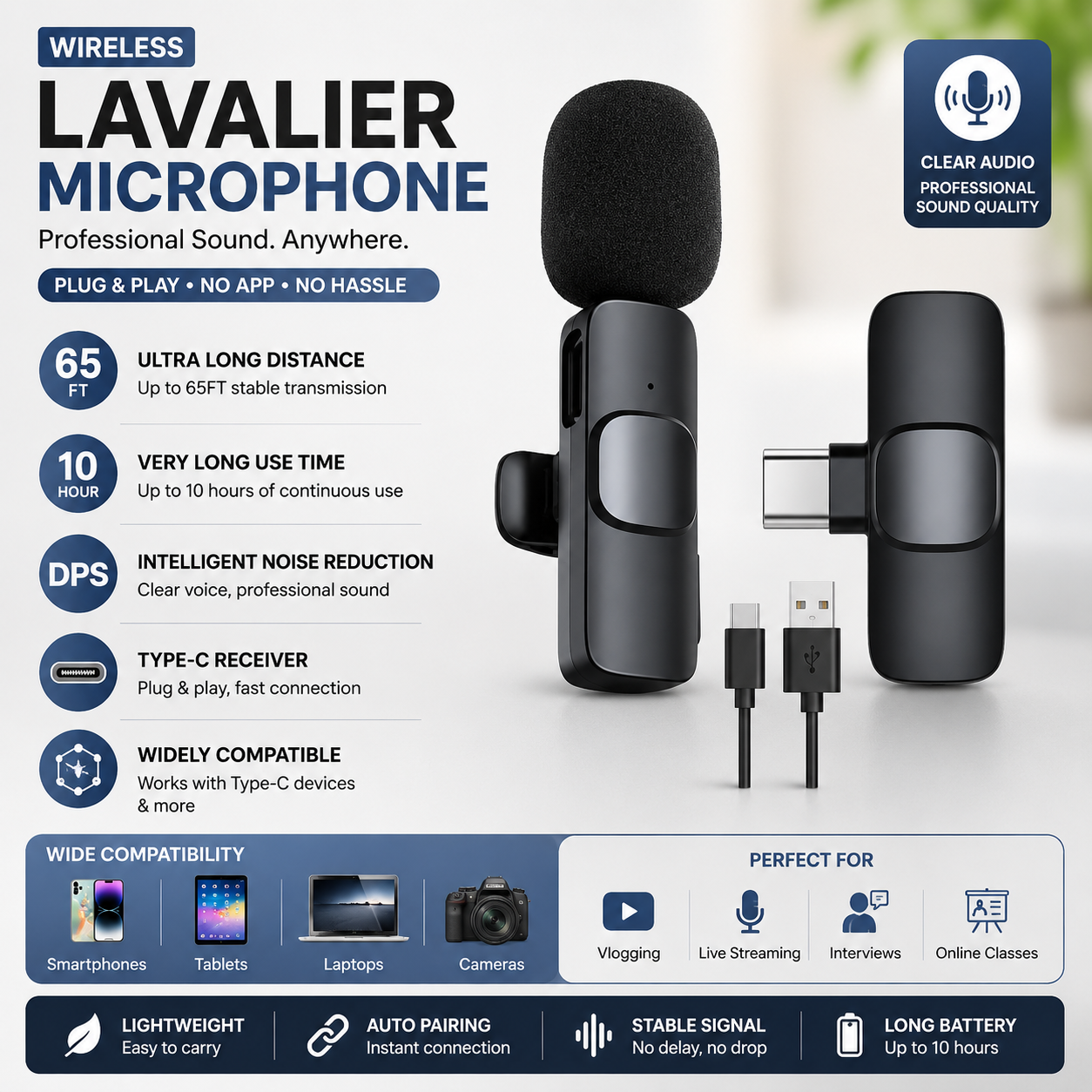 9 Collar Wireless Microphone iPhone/Android & Type C Supported Wireless Microphone With ( i Phone Connector )