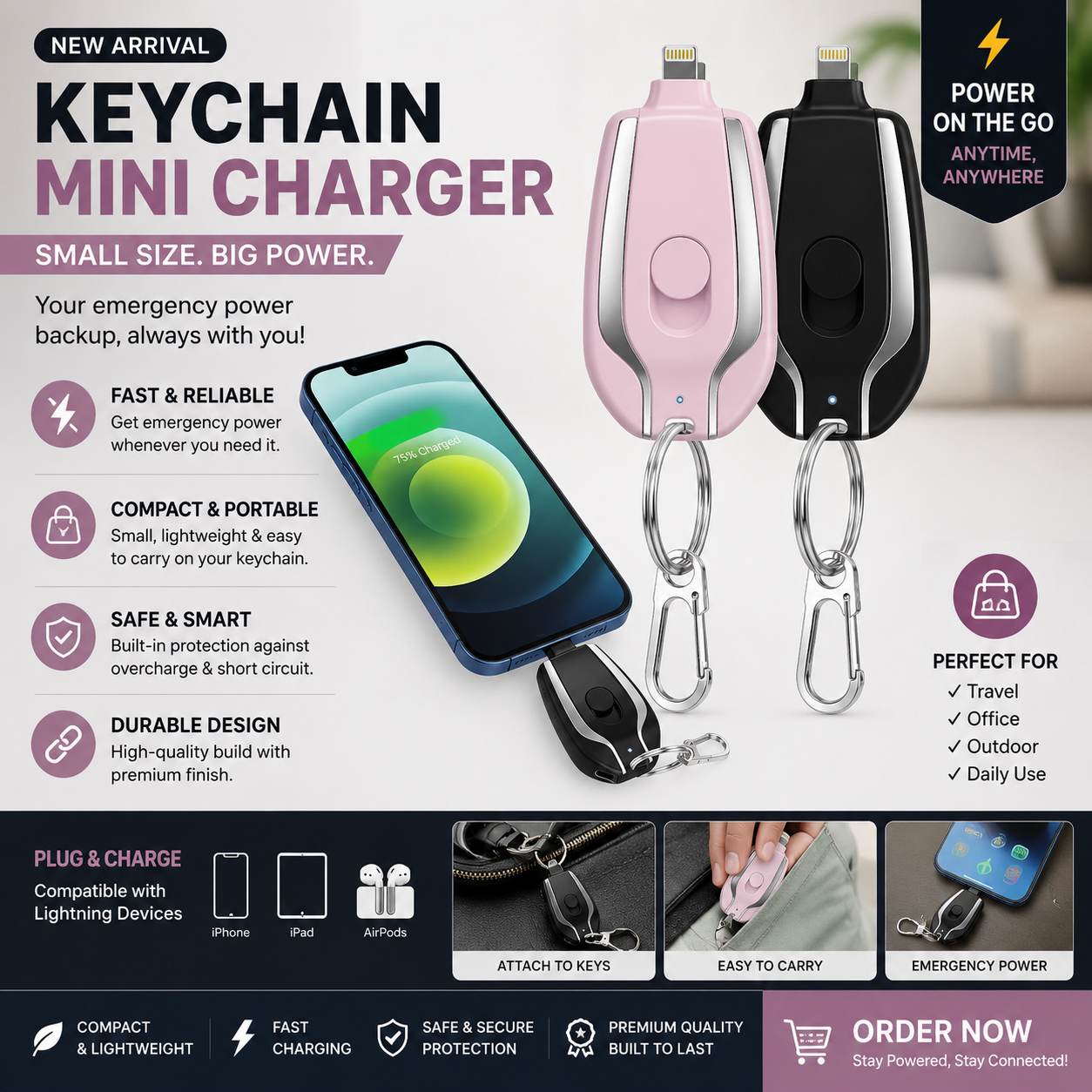 New Power Pod Portable Emergency Keychain Power Bank for iPhone High Speed Instant Plug and Play Compact External Backup Battery Mobile Accessory Pod